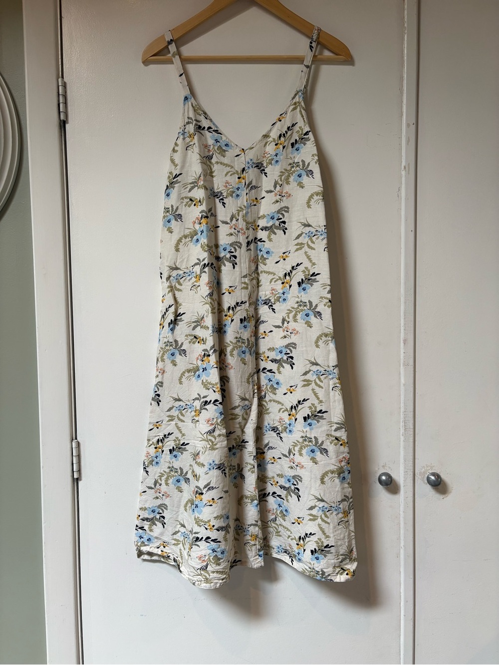 100% Linen, Floral V-Neck Maxi Dress in Cream with Blue Accents